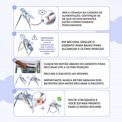 Cadeira alta e baloiço | Dobravel | Rodas e bandeja | Capacidade máx 15kg | 6-36 meses | Ajustável | Azul | Nala | Mobiclinic