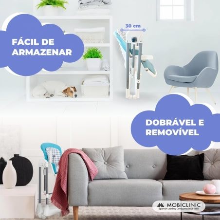 Cadeira alta e baloiço | Dobravel | Rodas e bandeja | Capacidade máx 15kg | 6-36 meses | Ajustável | Azul | Nala | Mobiclinic