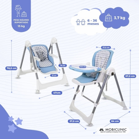 Cadeira alta e baloiço | Dobravel | Rodas e bandeja | Capacidade máx 15kg | 6-36 meses | Ajustável | Azul | Nala | Mobiclinic