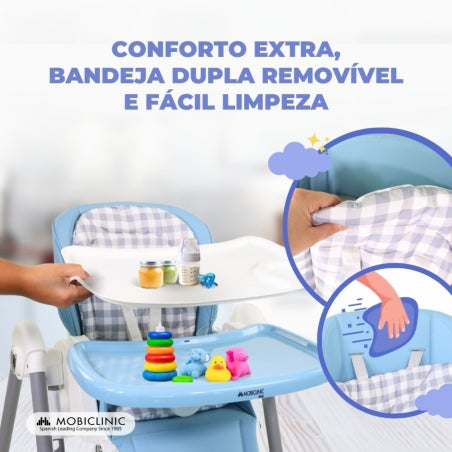Cadeira alta e baloiço | Dobravel | Rodas e bandeja | Capacidade máx 15kg | 6-36 meses | Ajustável | Azul | Nala | Mobiclinic