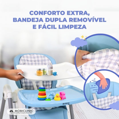 Cadeira alta e baloiço | Dobravel | Rodas e bandeja | Capacidade máx 15kg | 6-36 meses | Ajustável | Azul | Nala | Mobiclinic