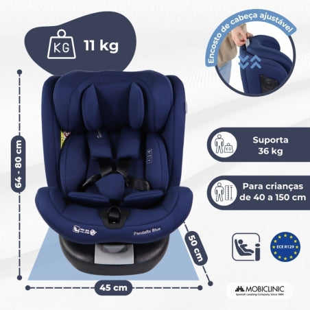 Cadeira auto | giratória 360º | Reclinável | 40-150 cm | 0-12 anos | Top Tether | Ajustável | Azul | Pandafix | Mobiclinic