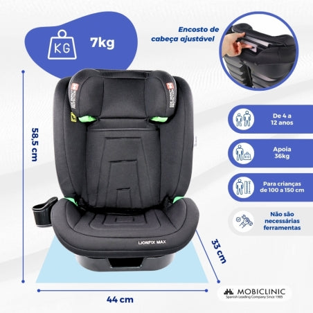 Cadeira auto | IsoFix |I-Size|100-150cm| Reclinável 3 posições |Grupo 2/3|15-36kg|3,5-12 anos|Lionfix Max|Mobiclinic