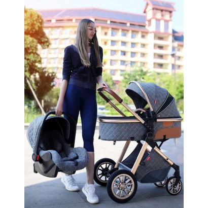 Carrinho de Bebê 3 em 1 Trio Azul/Dourado Lux