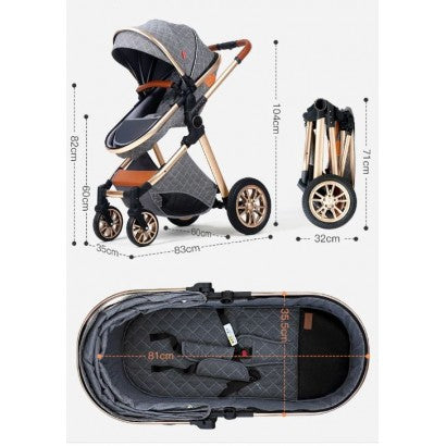 Carrinho de Bebê 3 em 1 Trio Azul/Dourado Lux