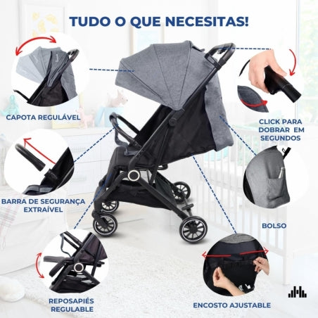 Carrinho de bebê |Compacto |Dobrável |Alavanca única |Para viajar |Apoio para pés ajustável |Max. 15kg |Cinza |Trip | Mobiclinic