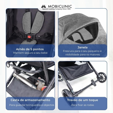 Carrinho de bebê |Compacto |Dobrável |Alavanca única |Para viajar |Apoio para pés ajustável |Max. 15kg |Cinza |Trip | Mobiclinic