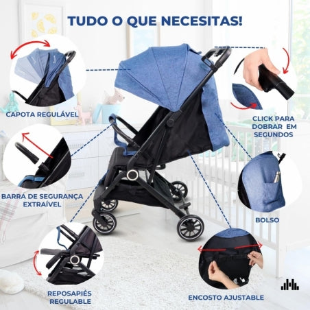 Carrinho de bebê |Compacto |Dobrável |Alavanca única |Para viajar |Apoio para pés ajustável |Max. 22kg |Azul |Trip | Mobiclinic