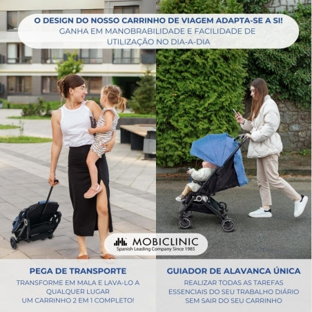 Carrinho de bebê |Compacto |Dobrável |Alavanca única |Para viajar |Apoio para pés ajustável |Max. 22kg |Azul |Trip | Mobiclinic