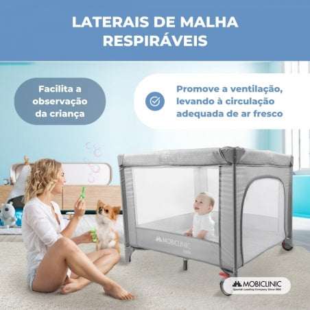 Cercadinho e berço | Dobrável | Portátil | Bolsa de transporte | Rodas com travão | Sleepland | Cinza | Mobiclinic