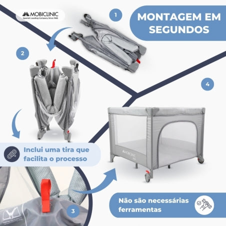 Cercadinho e berço | Dobrável | Portátil | Bolsa de transporte | Rodas com travão | Sleepland | Cinza | Mobiclinic