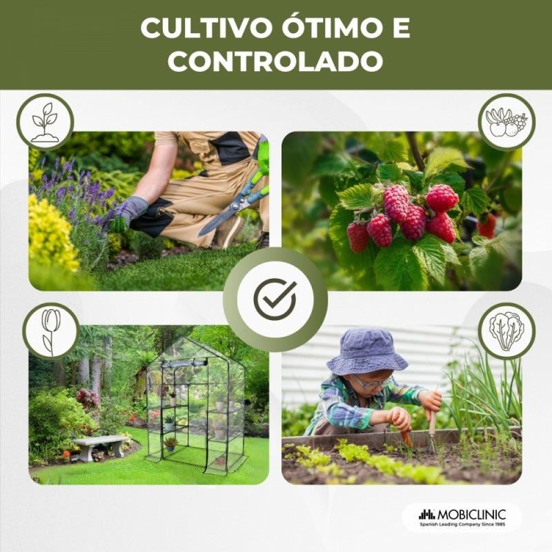 Estufa com prateleiras | Porta de enrolar | Fixação segura | Impermeável | PVC | 143x73x195 cm | Home Grow | Mobiclinic