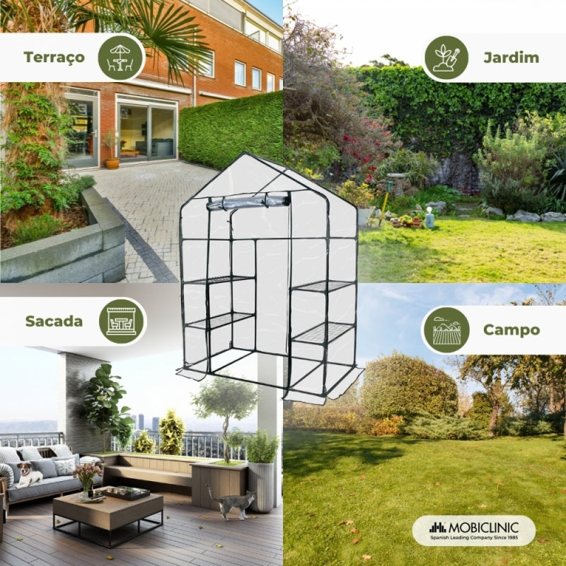 Estufa com prateleiras | Porta de enrolar | Fixação segura | Impermeável | PVC | 143x73x195 cm | Home Grow | Mobiclinic