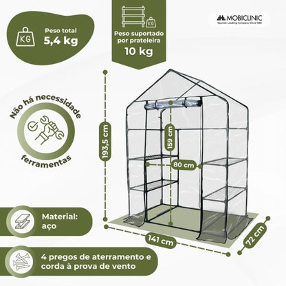 Estufa com prateleiras | Porta de enrolar | Fixação segura | Impermeável | PVC | 143x73x195 cm | Home Grow | Mobiclinic