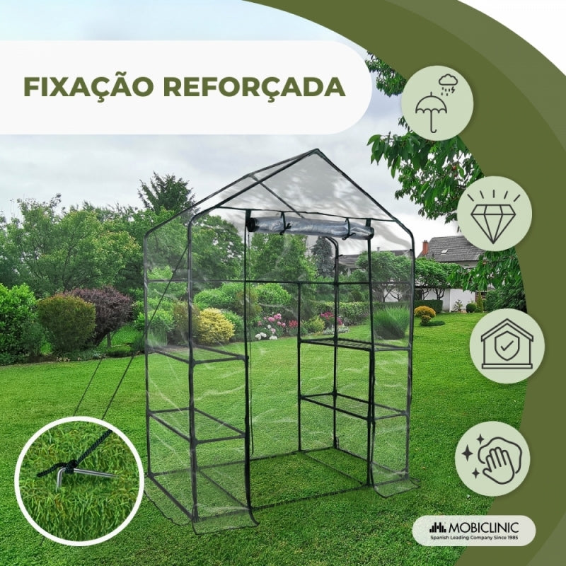 Estufa com prateleiras | Porta de enrolar | Fixação segura | Impermeável | PVC | 143x73x195 cm | Home Grow | Mobiclinic