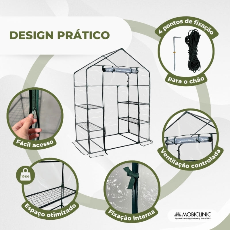 Estufa com prateleiras | Porta de enrolar | Fixação segura | Impermeável | PVC | 143x73x195 cm | Home Grow | Mobiclinic