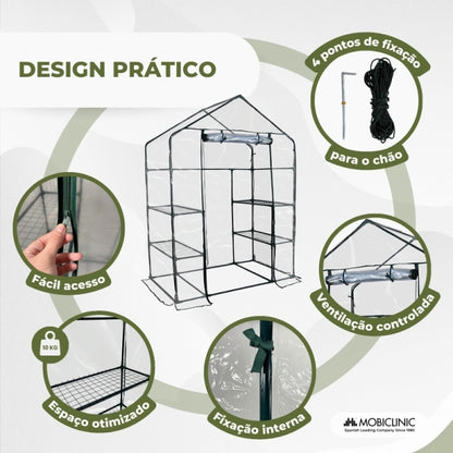 Estufa com prateleiras | Porta de enrolar | Fixação segura | Impermeável | PVC | 143x73x195 cm | Home Grow | Mobiclinic