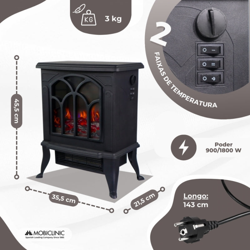 Lareira elétrica | 1800W | Chama 3D| Proteção contra superaquecimento | Temperatura ajustável | Decorativa | Raiva | Mobiclinic