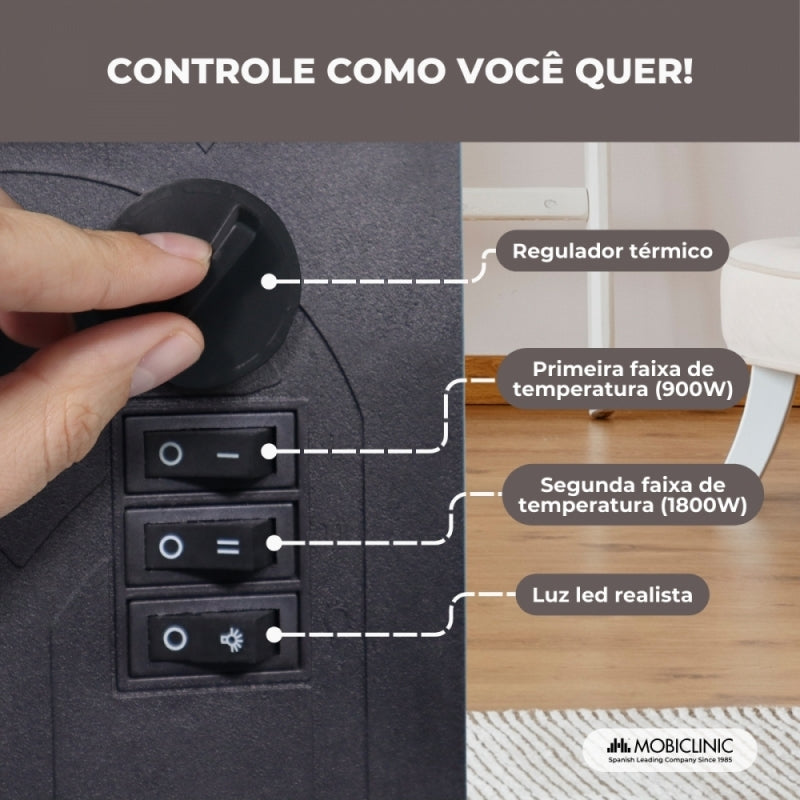 Lareira elétrica | 1800W | Chama 3D| Proteção contra superaquecimento | Temperatura ajustável | Decorativa | Raiva | Mobiclinic