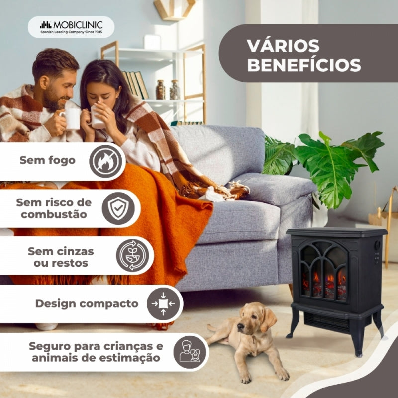 Lareira elétrica | 1800W | Chama 3D| Proteção contra superaquecimento | Temperatura ajustável | Decorativa | Raiva | Mobiclinic