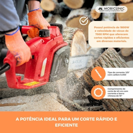 Motosserra elétrica plug-in | 1800W | Com cabo | 7500RPM | Vermelho | Corrente de corte de precisão | Timberpro | Mobiclinic