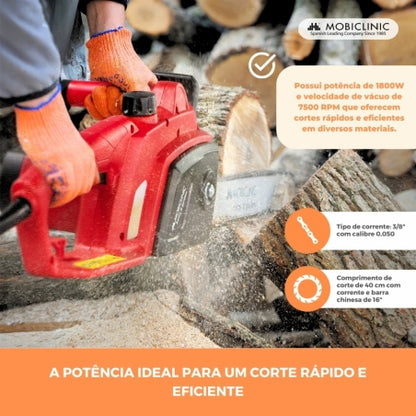 Motosserra elétrica plug-in | 1800W | Com cabo | 7500RPM | Vermelho | Corrente de corte de precisão | Timberpro | Mobiclinic