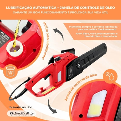 Motosserra elétrica plug-in | 1800W | Com cabo | 7500RPM | Vermelho | Corrente de corte de precisão | Timberpro | Mobiclinic