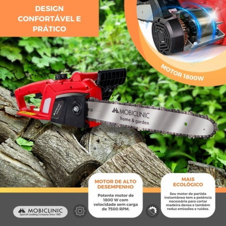 Motosserra elétrica plug-in | 1800W | Com cabo | 7500RPM | Vermelho | Corrente de corte de precisão | Timberpro | Mobiclinic