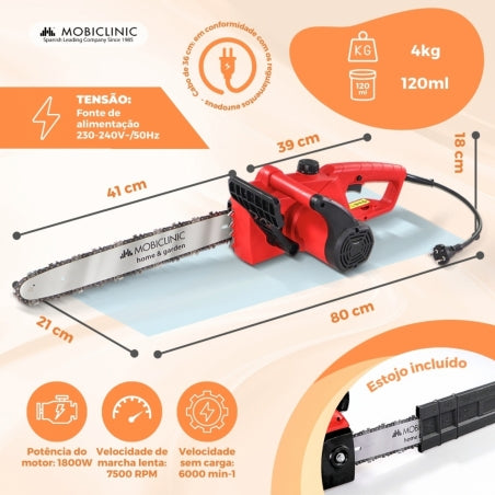 Motosserra elétrica plug-in | 1800W | Com cabo | 7500RPM | Vermelho | Corrente de corte de precisão | Timberpro | Mobiclinic