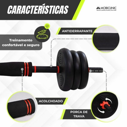 Par de halteres de 20 kg | Ajustável | 4 em 1 | Acessório para kettlebell | Barra de conexão | Portátil | Mobimax | Mobiclinic
