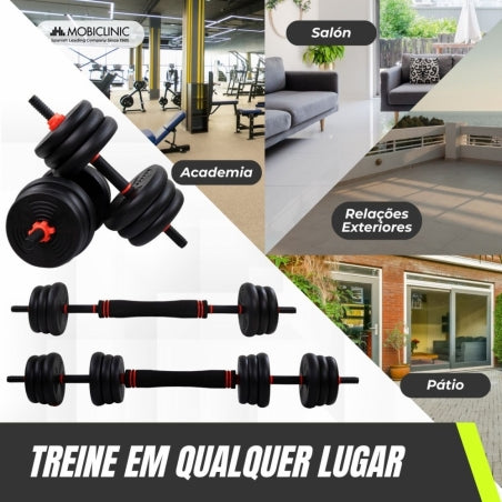 Par de halteres de 20 kg | Ajustável | 4 em 1 | Acessório para kettlebell | Barra de conexão | Portátil | Mobimax | Mobiclinic