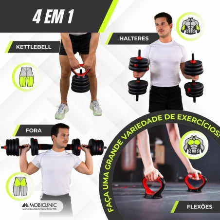 Par de halteres de 20 kg | Ajustável | 4 em 1 | Acessório para kettlebell | Barra de conexão | Portátil | Mobimax | Mobiclinic