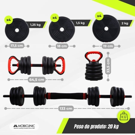 Par de halteres de 20 kg | Ajustável | 4 em 1 | Acessório para kettlebell | Barra de conexão | Portátil | Mobimax | Mobiclinic
