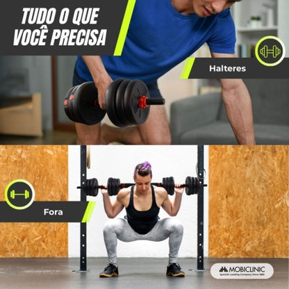Par de halteres de 20 kg | Ajustável | 4 em 1 | Acessório para kettlebell | Barra de conexão | Portátil | Mobimax | Mobiclinic