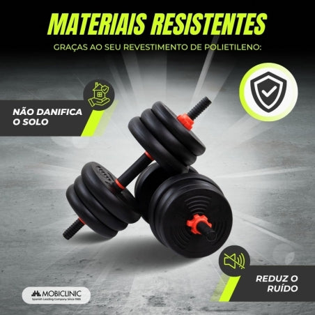Par de halteres de 20 kg | Ajustável | 4 em 1 | Acessório para kettlebell | Barra de conexão | Portátil | Mobimax | Mobiclinic