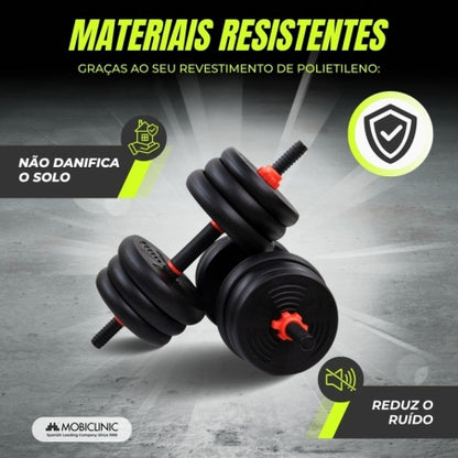 Par de halteres de 20 kg | Ajustável | 4 em 1 | Acessório para kettlebell | Barra de conexão | Portátil | Mobimax | Mobiclinic
