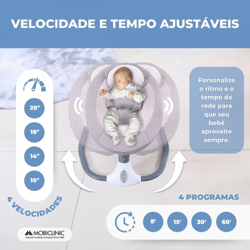Rede de balanço | Tuktuk | Velocidade ajustável | Barra de música e brinquedos | Arnêas de 3 pontos | Mosquiteiro | Mobiclinic
