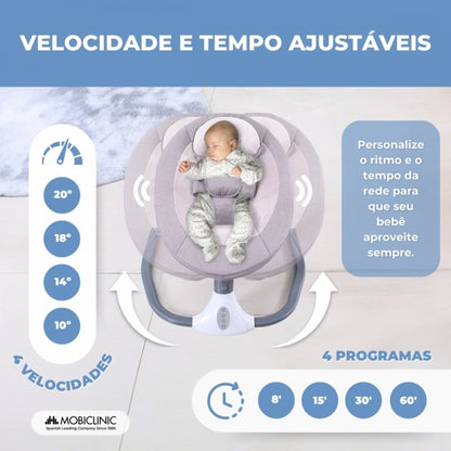 Rede de balanço | Tuktuk | Velocidade ajustável | Barra de música e brinquedos | Arnêas de 3 pontos | Mosquiteiro | Mobiclinic