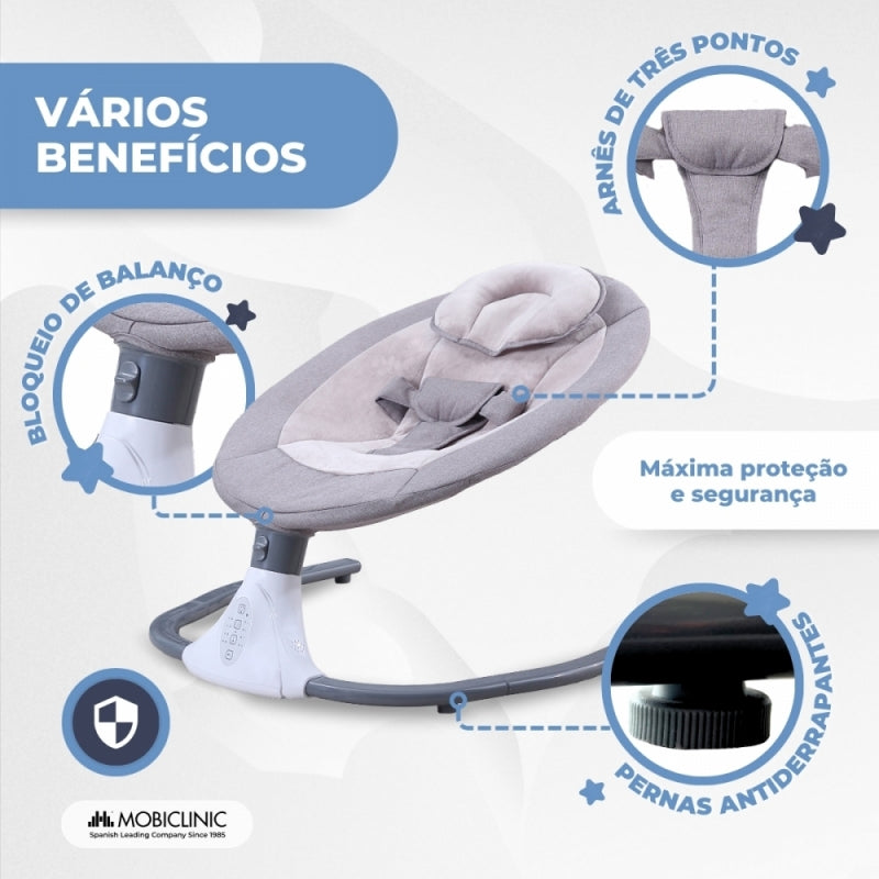 Rede de balanço | Tuktuk | Velocidade ajustável | Barra de música e brinquedos | Arnêas de 3 pontos | Mosquiteiro | Mobiclinic