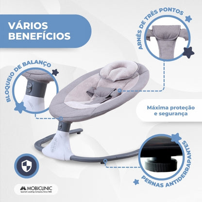 Rede de balanço | Tuktuk | Velocidade ajustável | Barra de música e brinquedos | Arnêas de 3 pontos | Mosquiteiro | Mobiclinic